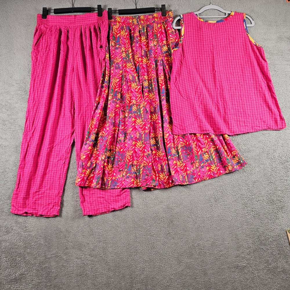 Carole Little Vintage 3pc Set Pink Houndstooth Top Pants Tropical Skirt Sz 10/12
